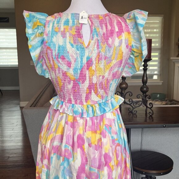 NWT Peach Love Dress Size Small Pink Blue White Floral Smocked Ruffle Maxi Midi - Picture 7 of 16